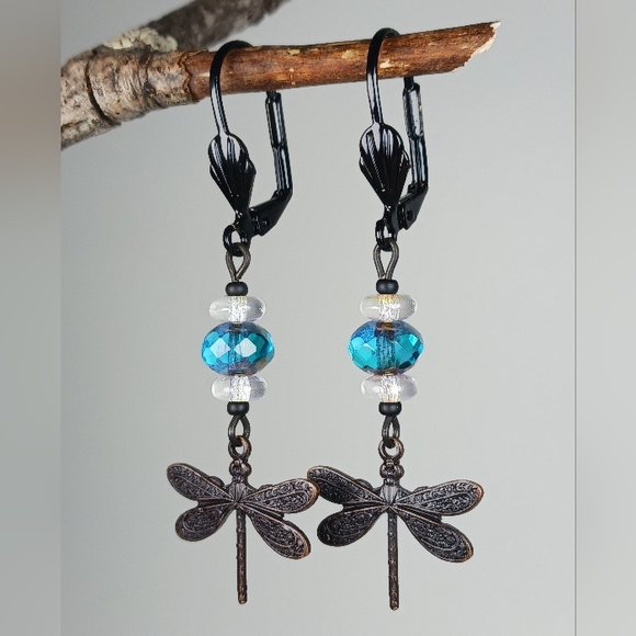 HAND CRAFTED Dragonfly Dangle Earrings Blue Artisan Glass Black Boho Nature - Picture 2 of 6